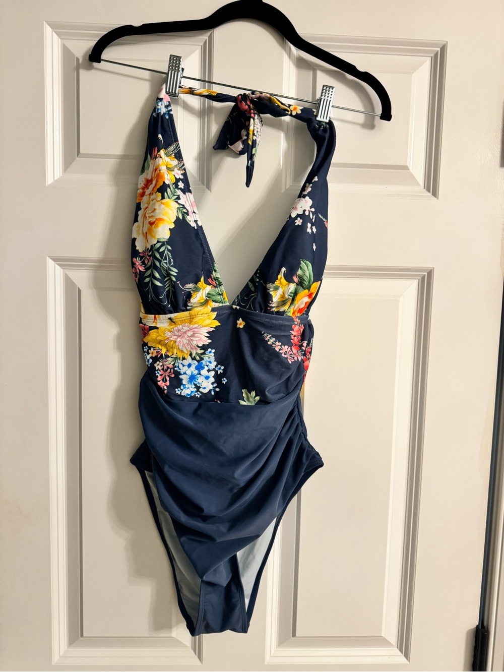 Navy Floral V-Neck One-Piece Swimsuit